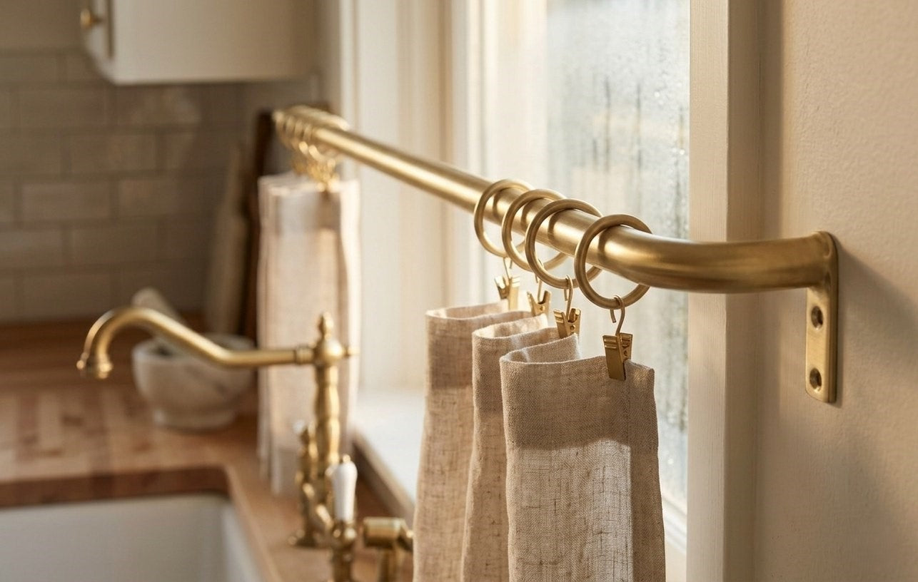 Unlacquered Brass Cafe Curtain Rod with Curved French Return & Eyelet Rings