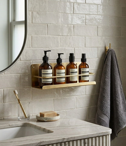 Solid Brass Wall-Mounted Bathroom Caddy & Vanity Shelf — Hand-Finished Living Finish