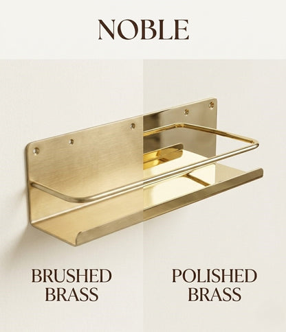 Solid Brass Wall-Mounted Bathroom Caddy & Vanity Shelf — Hand-Finished Living Finish