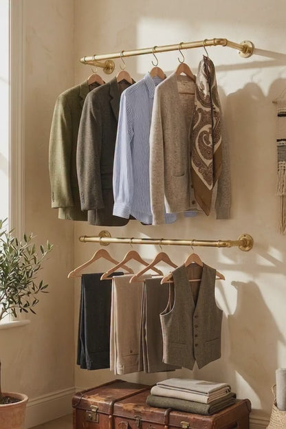 Solid Brass Clothes Rod & Wardrobe Rail System - Closet Organizer Tube & Flange Set