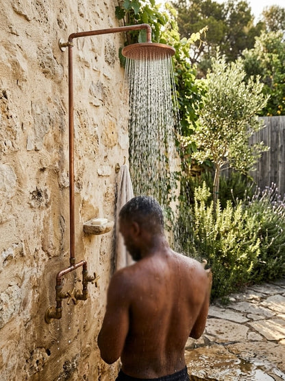 Unlacquered Copper & Brass Outdoor Shower System | Hand-Finished Exposed Pipe Rainfall Shower