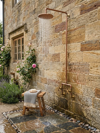 Unlacquered Copper & Brass Outdoor Shower System | Hand-Finished Exposed Pipe Rainfall Shower