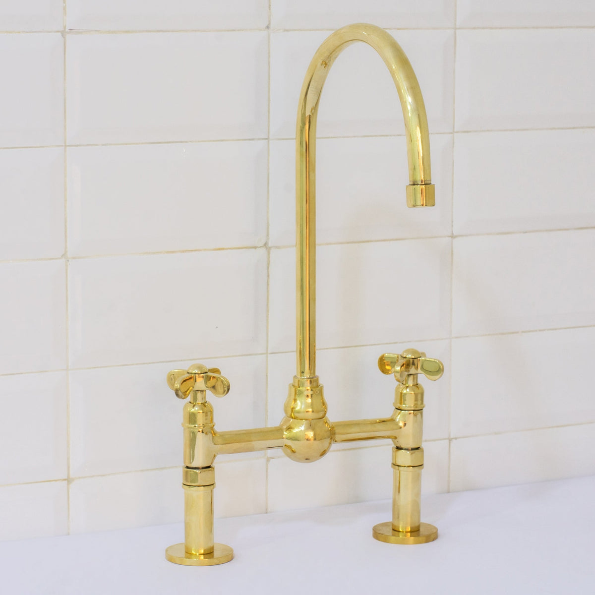 Solid Brass Ball Center Bridge Faucet Straight Legs, Dual Handle Faucet, Bridge Kitchen Faucet, 2-Hole Faucet, Deck Mount Faucet