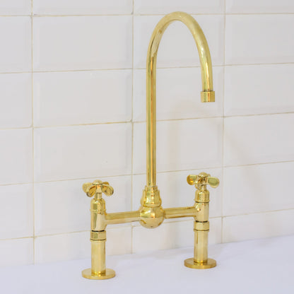 Solid Brass Ball Center Bridge Faucet Straight Legs, Dual Handle Faucet, Bridge Kitchen Faucet, 2-Hole Faucet, Deck Mount Faucet