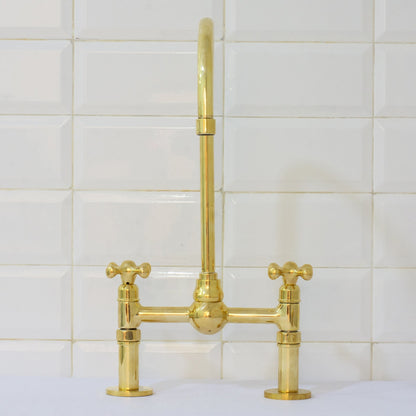 Solid Brass Ball Center Bridge Faucet Straight Legs, Dual Handle Faucet, Bridge Kitchen Faucet, 2-Hole Faucet, Deck Mount Faucet