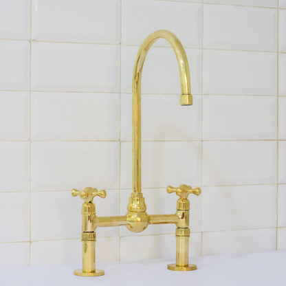 Solid Brass Ball Center Bridge Faucet Straight Legs, Dual Handle Faucet, Bridge Kitchen Faucet, 2-Hole Faucet, Deck Mount Faucet