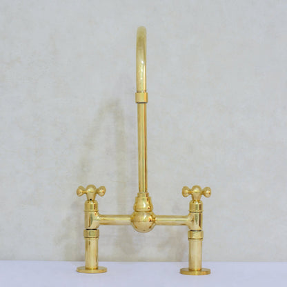Solid Brass Ball Center Bridge Faucet Straight Legs, Dual Handle Faucet, Bridge Kitchen Faucet, 2-Hole Faucet, Deck Mount Faucet