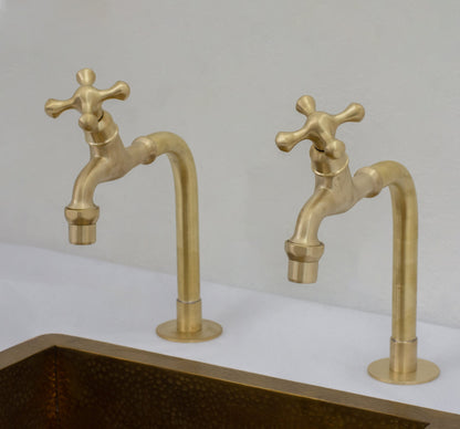 Solid Brass Deck-Mount Kitchen Bib Taps – Double Pillar Faucet Set for Hot & Cold Water