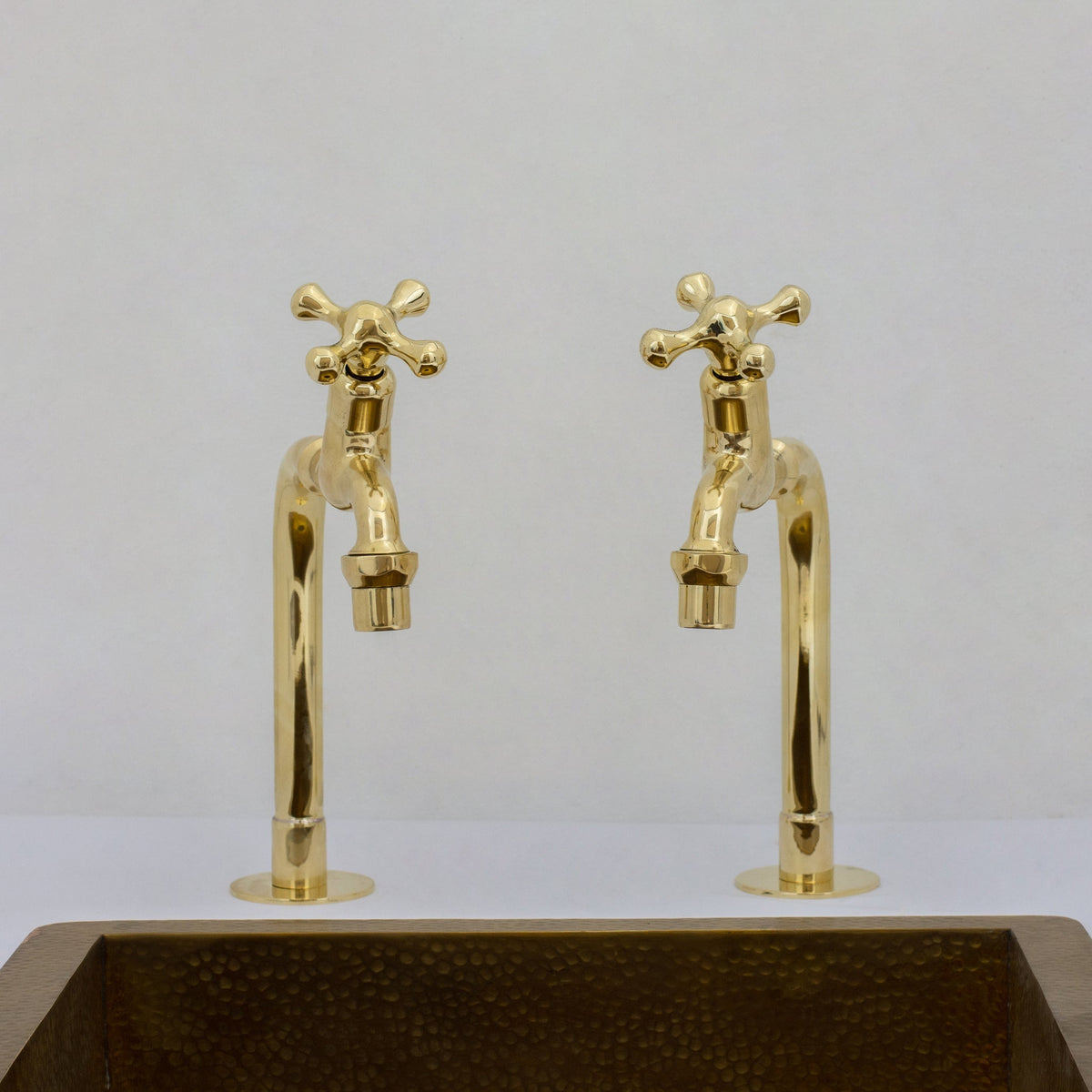 Solid Brass Deck-Mount Kitchen Bib Taps – Double Pillar Faucet Set for Hot & Cold Water