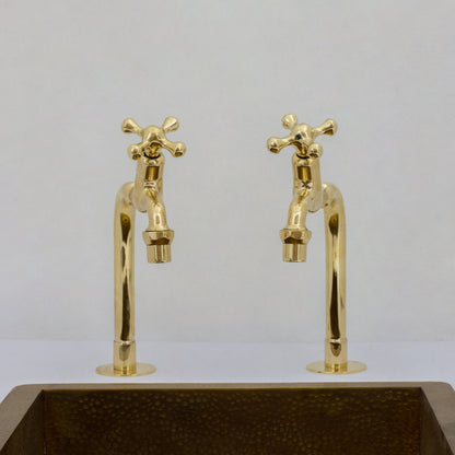 Solid Brass Deck-Mount Kitchen Bib Taps – Double Pillar Faucet Set for Hot & Cold Water