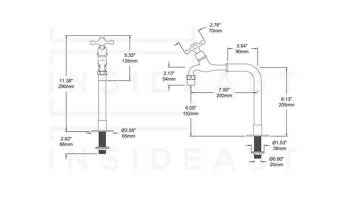 Solid Brass Deck-Mount Kitchen Bib Taps – Double Pillar Faucet Set for Hot & Cold Water