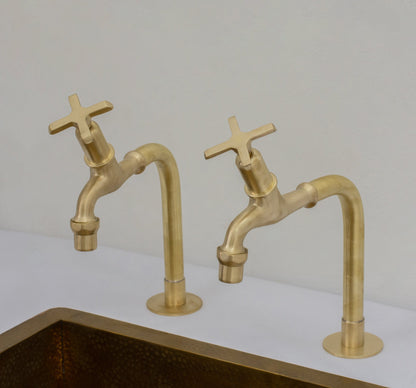 Solid Brass Deck-Mount Kitchen Bib Taps – Double Pillar Faucet Set for Hot & Cold Water