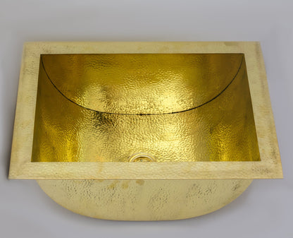 Solid Brass Undermount Bathroom Sink, Hammered Drop-in Vanity Sink With 3-Hole Waterfall Faucet, Undermount Deep Curved Basin