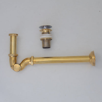 Solid Unlacquered Brass P-trap and Sink Stopper, Push Up Button, Pop Up Drain, Brass Water Trap