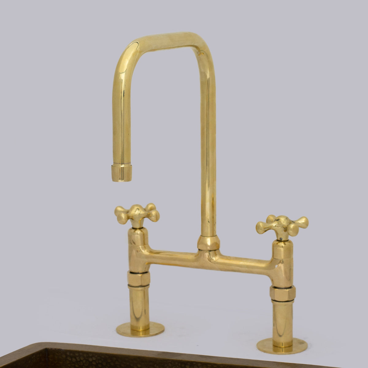 Traditional 8″ Brass Bridge Kitchen Faucet with Square Spout | Two Handles