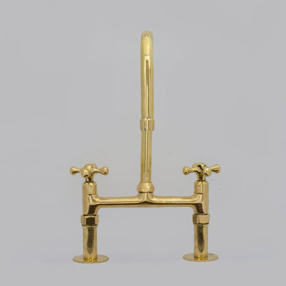 Traditional 8″ Brass Bridge Kitchen Faucet with Square Spout | Two Handles