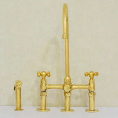 Unlacquered Brass 3-Hole Bridge Faucet With Sprayer, 3 Legs Faucet, Deck Mount Kitchen Faucet
