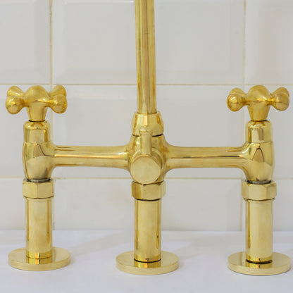 Unlacquered Brass 3-Hole Bridge Faucet With Sprayer, 3 Legs Faucet, Deck Mount Kitchen Faucet