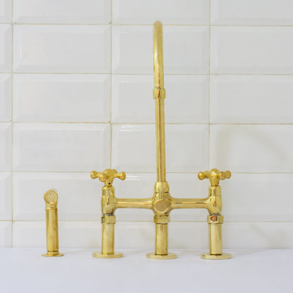 Unlacquered Brass 3-Hole Bridge Faucet With Sprayer, 3 Legs Faucet, Deck Mount Kitchen Faucet