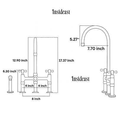 Unlacquered Brass 3-Hole Bridge Faucet With Sprayer, 3 Legs Faucet, Deck Mount Kitchen Faucet