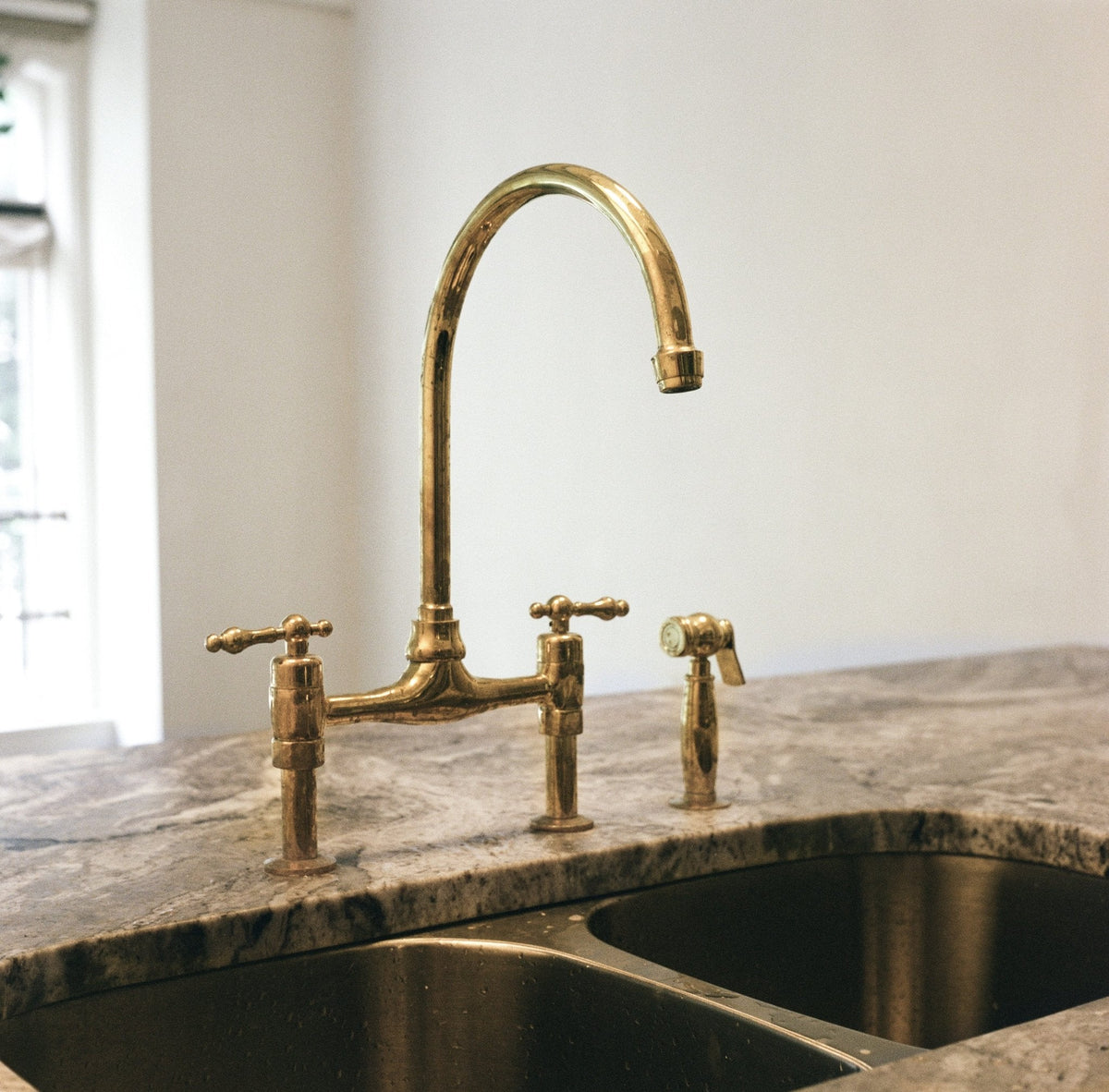 Unlacquered Brass Bridge Faucet 8" Widespread Kitchen Faucet