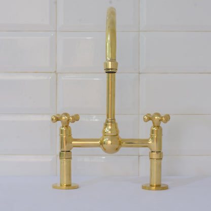 Unlacquered Brass Bridge Faucet, Kitchen Sink Faucet, Simple Cross Handles