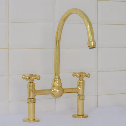 Unlacquered Brass Bridge Faucet, Kitchen Sink Faucet, Simple Cross Handles
