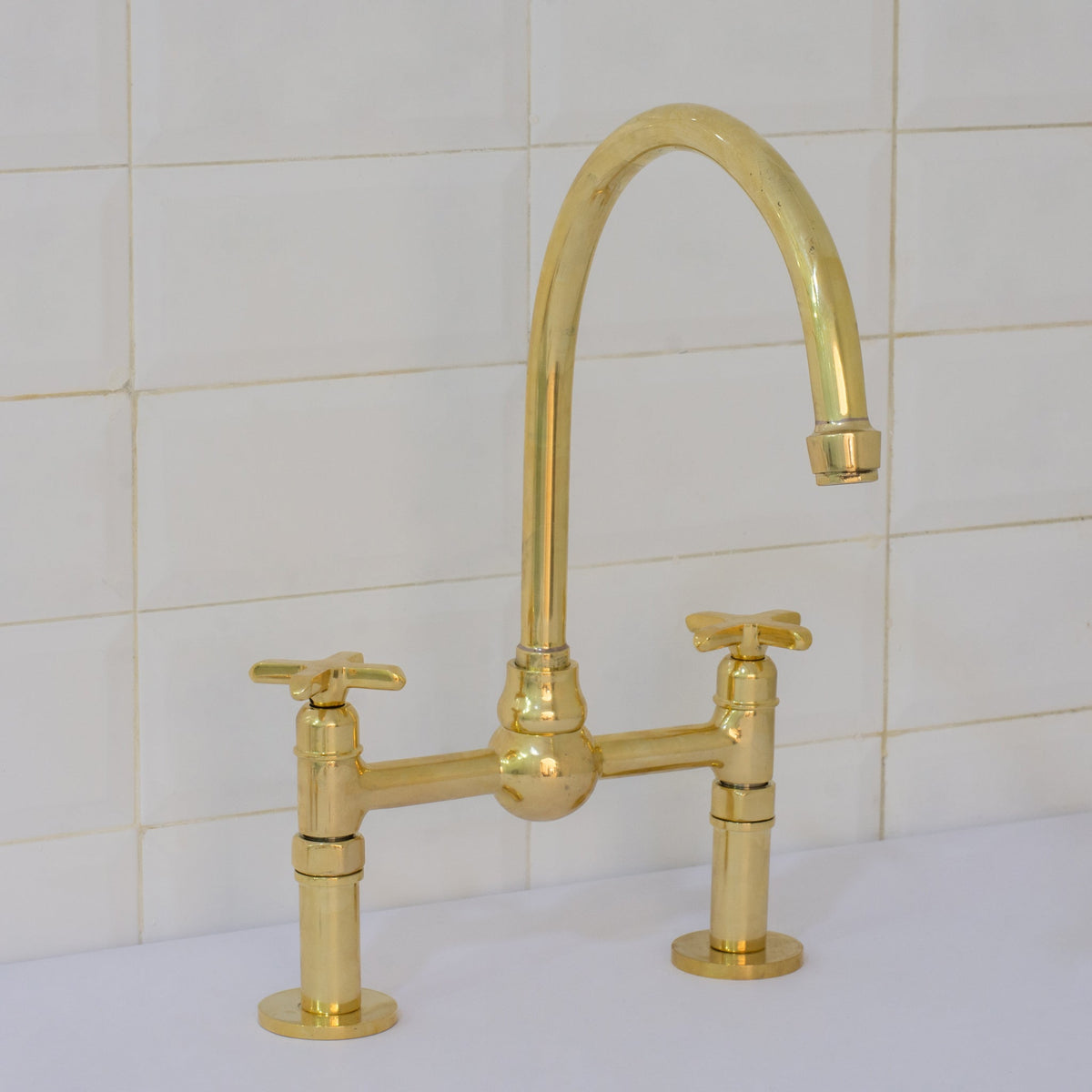 Unlacquered Brass Bridge Faucet, Kitchen Sink Faucet, Simple Cross Handles