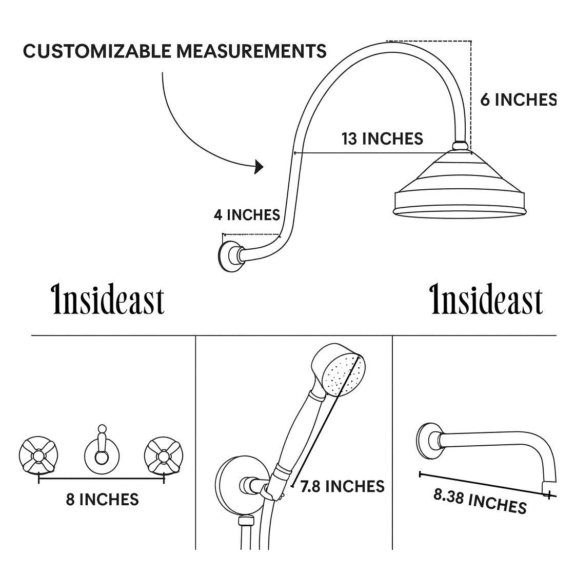 Unlacquered Brass Built-in Shower Gooseneck Arm, 3-Outlet Concealed Hand Shower And Tub Faucet, Rainfall Shower System