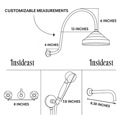 Unlacquered Brass Built-in Shower Gooseneck Arm, 3-Outlet Concealed Hand Shower And Tub Faucet, Rainfall Shower System