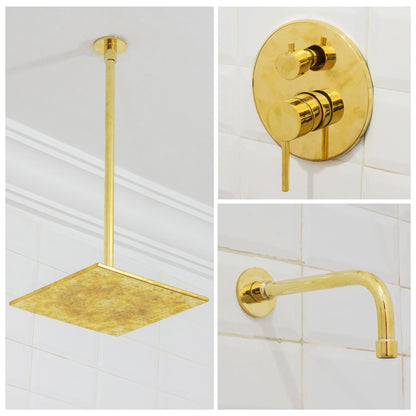 Unlacquered Brass Ceiling Shower System, 2-Outlet Shower, Overhead Shower With Tub Filler, Ceiling Mount Showerhead with Tub Faucet