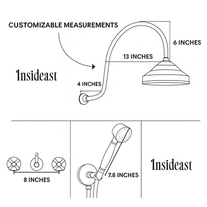 Unlacquered Brass Concealed Shower – Gooseneck Rainfall Arm with Handheld, 2-Outlet Shower System