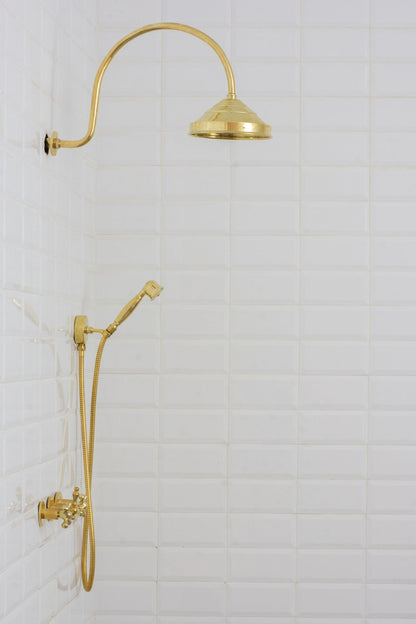 Unlacquered Brass Concealed Shower – Gooseneck Rainfall Arm with Handheld, 2-Outlet Shower System