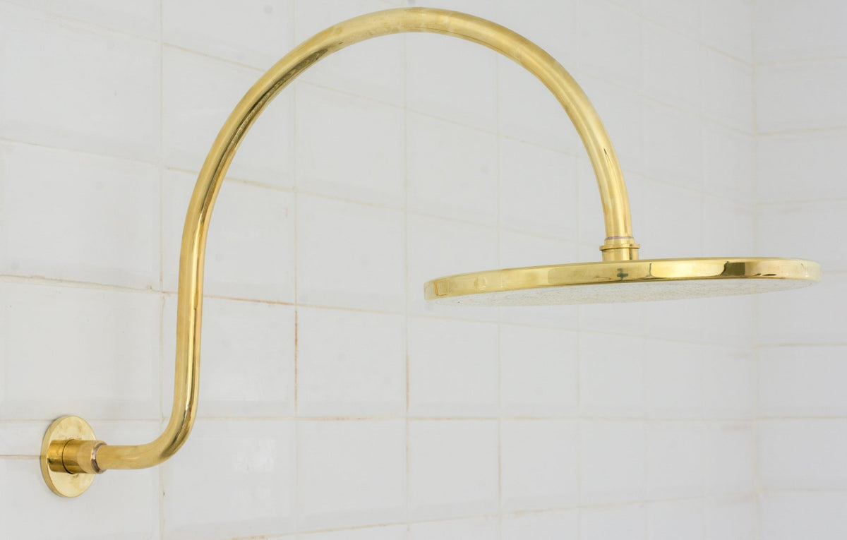 Unlacquered Brass Concealed Shower – Gooseneck Rainfall Arm with Handheld, 2-Outlet Shower System