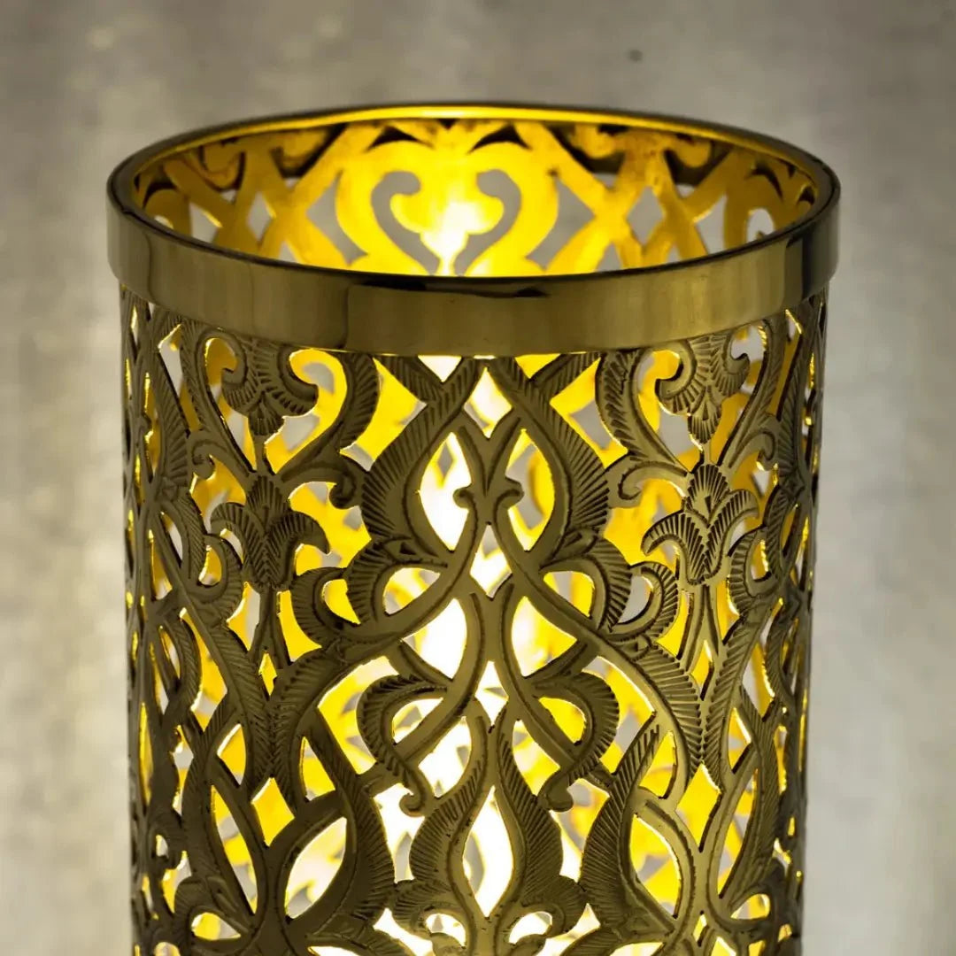 Unlacquered Brass Table Light, Pierced Bedside Lamp, Brass Cylinder Base Lamp