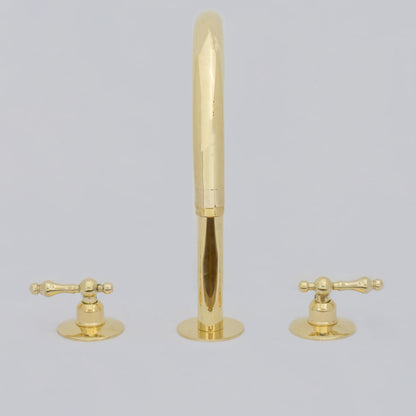 Unlacquered Brass Widespread Kitchen Faucet, Solid Brass 3-Holes Deck Mount Faucet, Simple Cross Handles