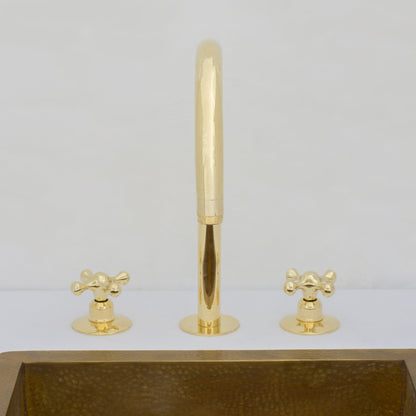 Unlacquered Brass Widespread Kitchen Faucet, Solid Brass 3-Holes Deck Mount Faucet, Simple Cross Handles