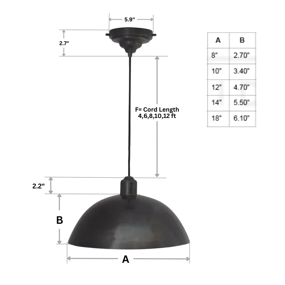 Vintage Solid Brass Pendant Light, Dome Ceiling Light, Oiled Finish