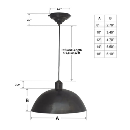 Vintage Solid Brass Pendant Light, Dome Ceiling Light, Oiled Finish